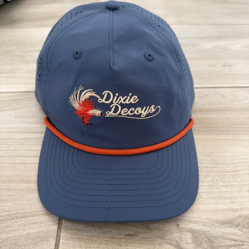 Dixie Decoys Blue Embroidered On The Fly Rope Snap Back Cap Hat Fly Fishing